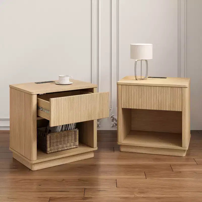 Nightstand with Outlet & USB Port, Modern Bedside Table with Charging Station and Storage Drawer, Modern Design for Small Spaces,Natural Color
