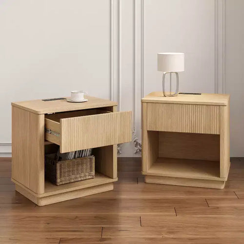 Nightstand with Outlet & USB Port, Modern Bedside Table with Charging Station and Storage Drawer, Modern Design for Small Spaces,Natural Color