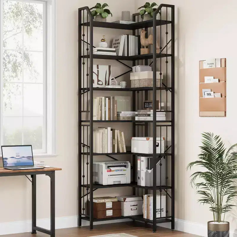 Étagère d'angle à 7 niveaux, bibliothèque en forme de L de 218 cm de haut avec rangement