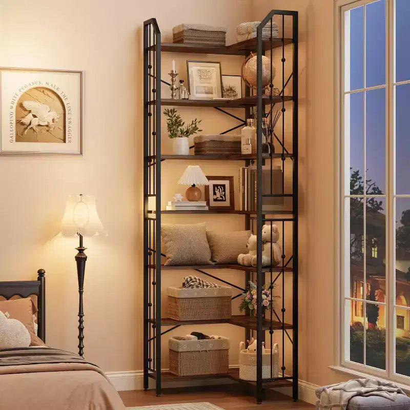 Étagère d'angle à 7 niveaux, bibliothèque en forme de L de 218 cm de haut avec rangement
