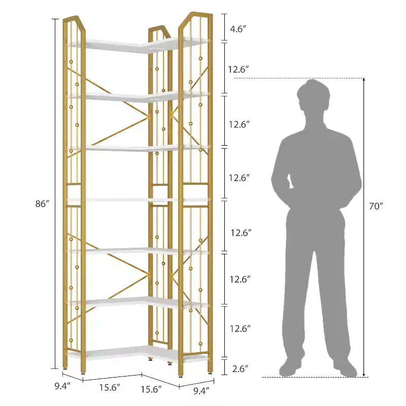 Étagère d'angle à 7 niveaux, bibliothèque en forme de L de 218 cm de haut avec rangement