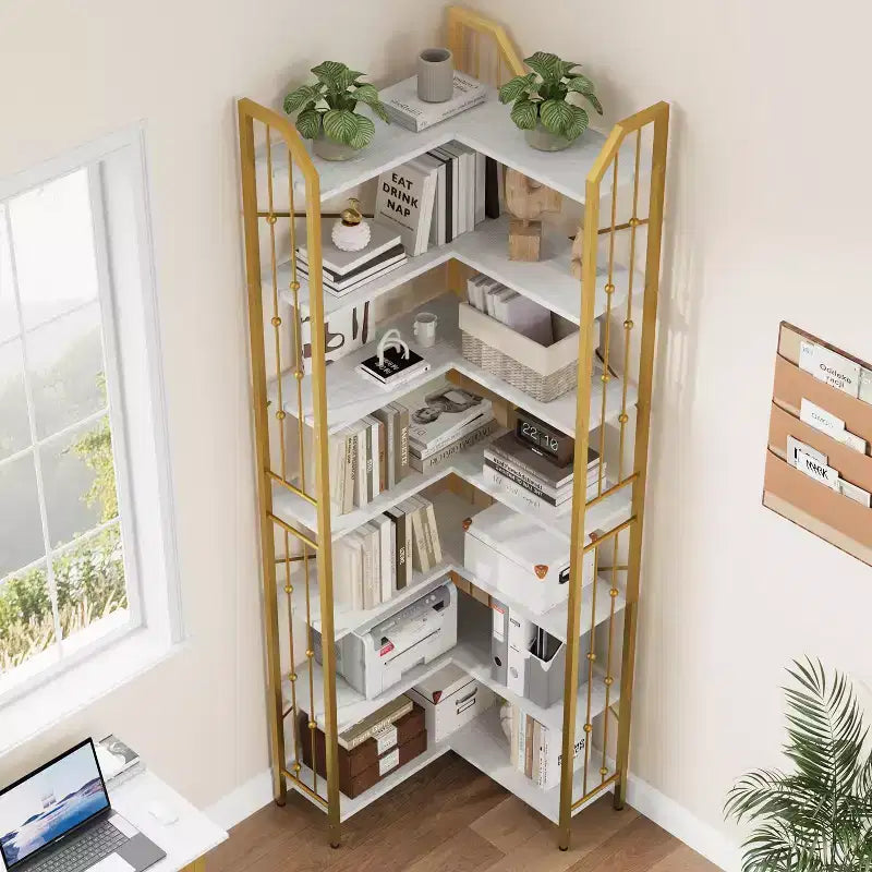 Étagère d'angle à 7 niveaux, bibliothèque en forme de L de 218 cm de haut avec rangement