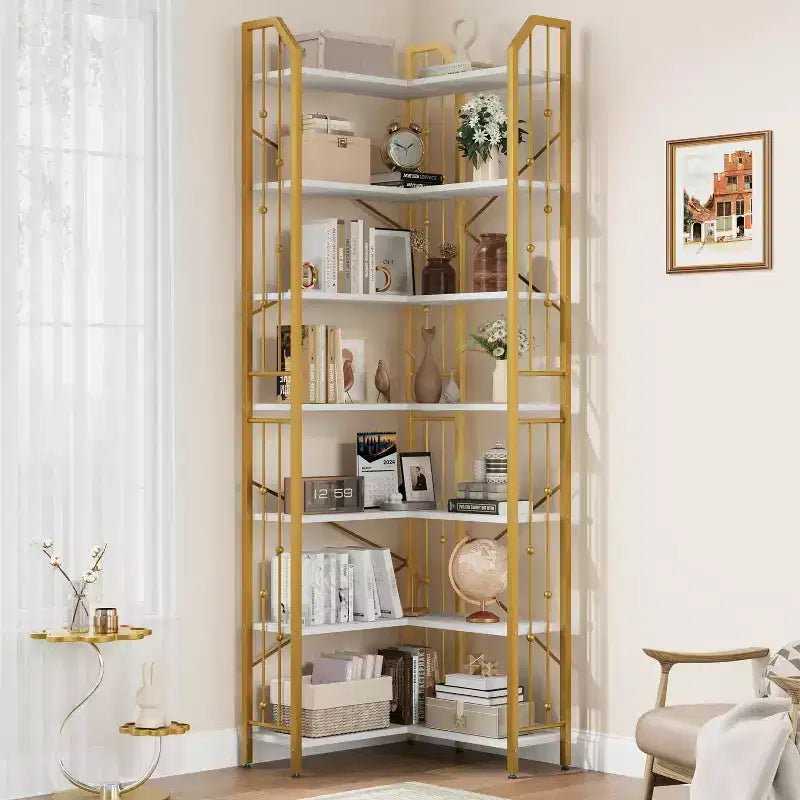 Étagère d'angle à 7 niveaux, bibliothèque en forme de L de 218 cm de haut avec rangement