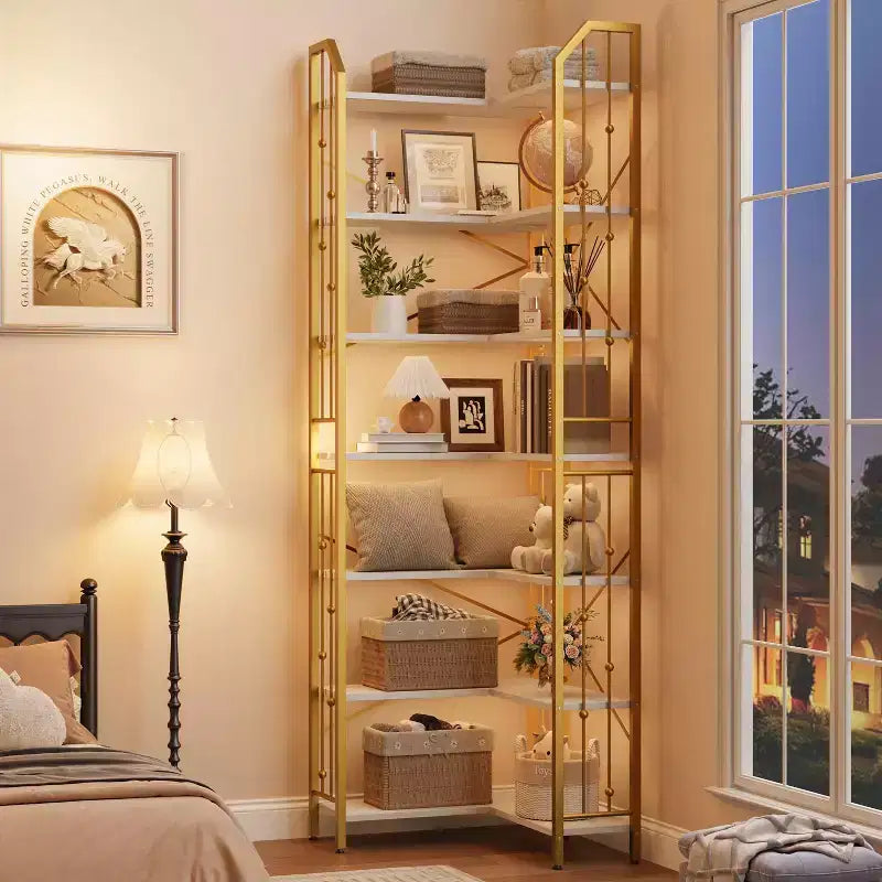 Étagère d'angle à 7 niveaux, bibliothèque en forme de L de 218 cm de haut avec rangement
