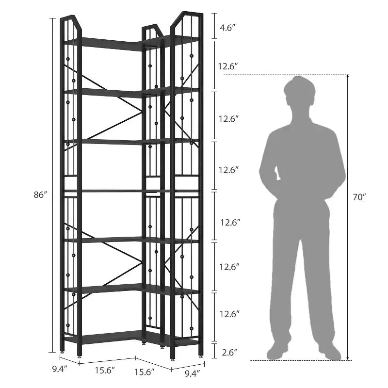 Étagère d'angle à 7 niveaux, bibliothèque en forme de L de 218 cm de haut avec rangement