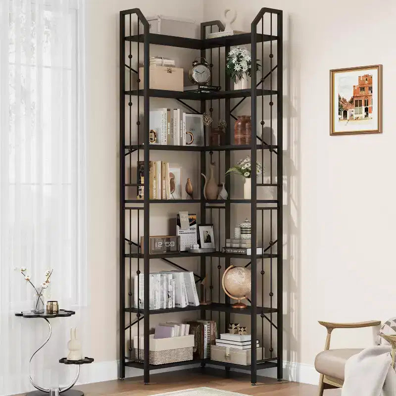 Étagère d'angle à 7 niveaux, bibliothèque en forme de L de 218 cm de haut avec rangement