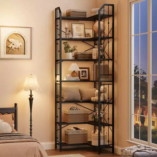 Étagère d'angle à 7 niveaux, bibliothèque en forme de L de 218 cm de haut avec rangement