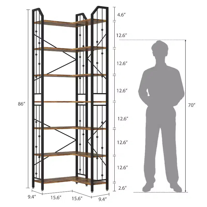 Étagère d'angle à 7 niveaux, bibliothèque en forme de L de 218 cm de haut avec rangement