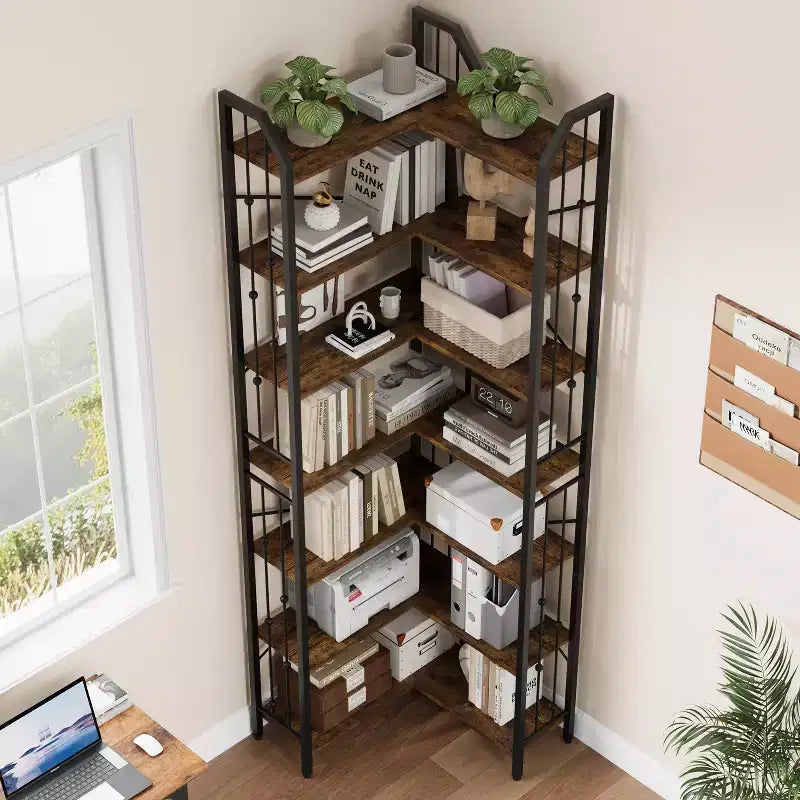 Étagère d'angle à 7 niveaux, bibliothèque en forme de L de 218 cm de haut avec rangement