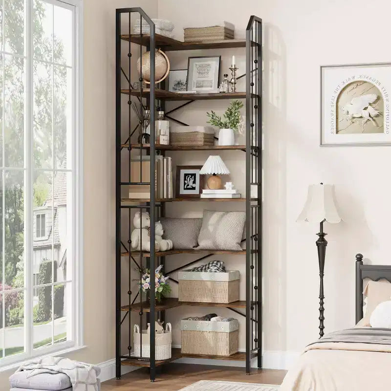 Étagère d'angle à 7 niveaux, bibliothèque en forme de L de 218 cm de haut avec rangement