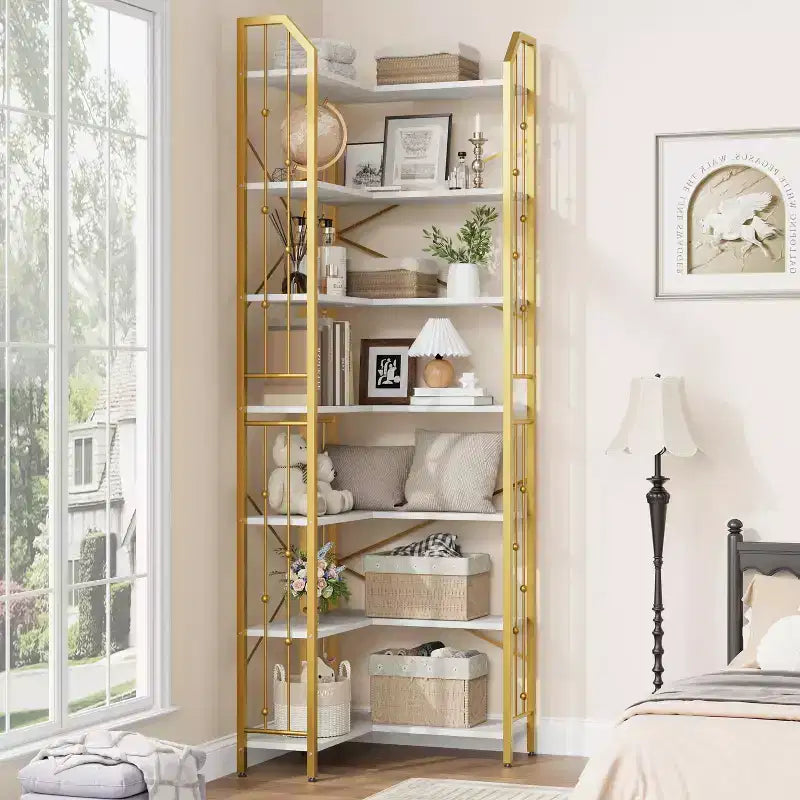 Étagère d'angle à 7 niveaux, bibliothèque en forme de L de 218 cm de haut avec rangement