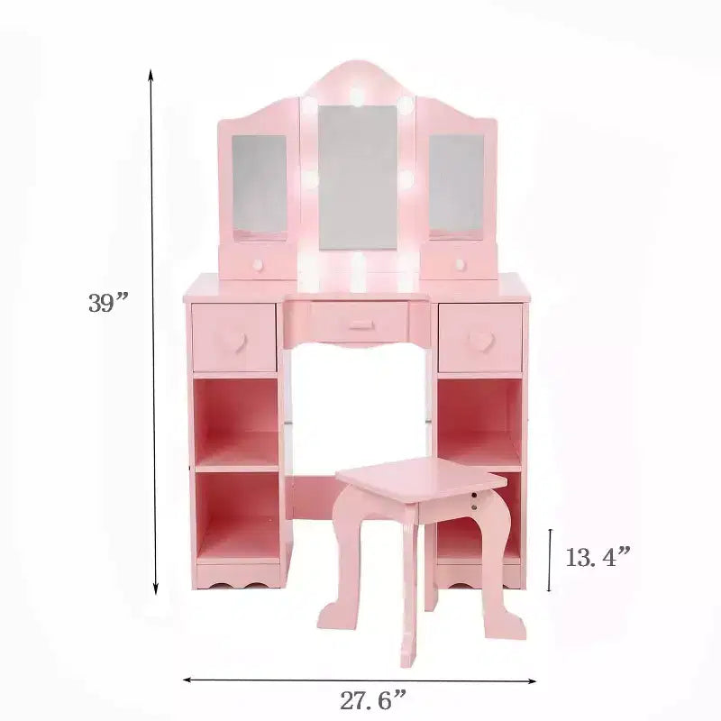 Coiffeuse pour enfants avec miroir triptyque, comprenant une coiffeuse et un tabouret en bois.