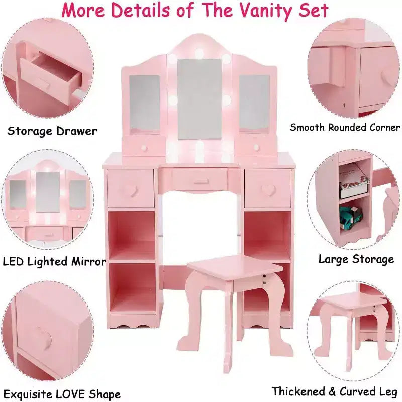 Coiffeuse pour enfants avec miroir triptyque, comprenant une coiffeuse et un tabouret en bois.