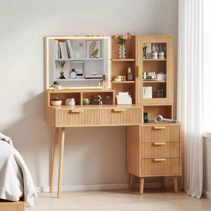 Fluted Vanity Desk with HD Mirror & Lights - Modern Wood Makeup Desk with Adjustable Shelves, 5 Drawers for Bedroom,Natural Oak