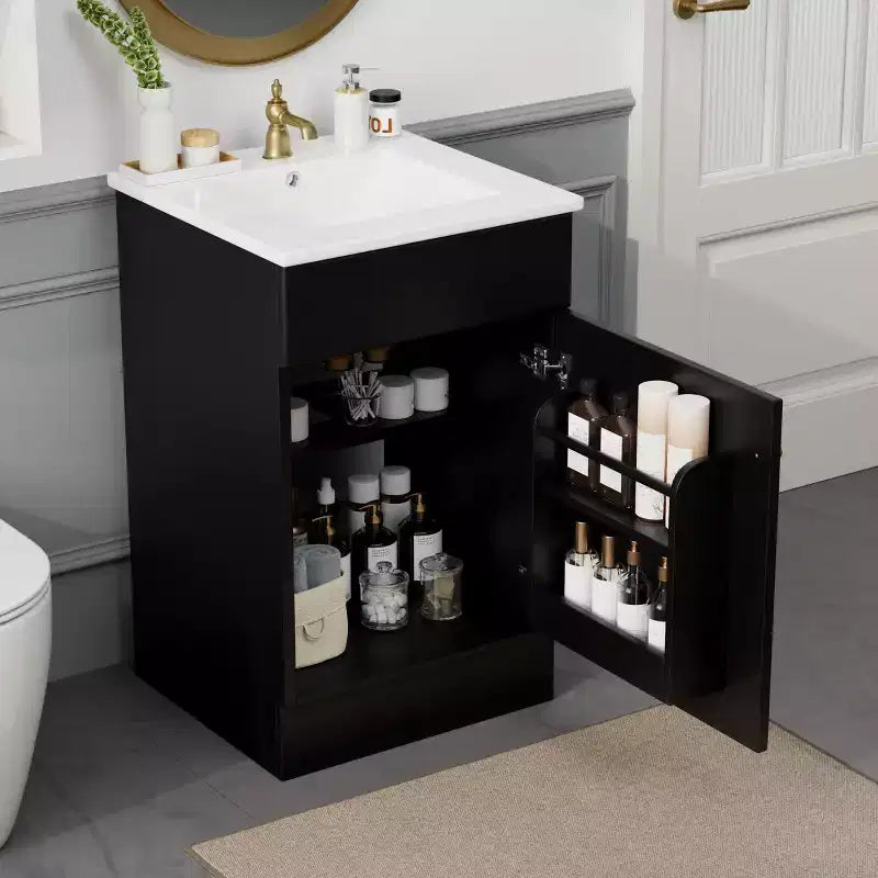Bathroom Vanity with Sink, Free Standing Single Basin Vanity Set with Storage Rack, Solid Wood Bathroom Cabinet with Ceramic Basin