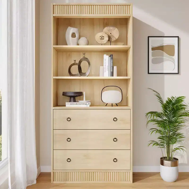 Bibliothèque encastrée, étagère de rangement à six niveaux en bois clair