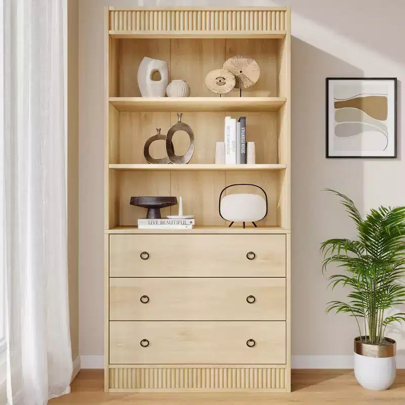 Bibliothèque encastrée, étagère de rangement à six niveaux en bois clair