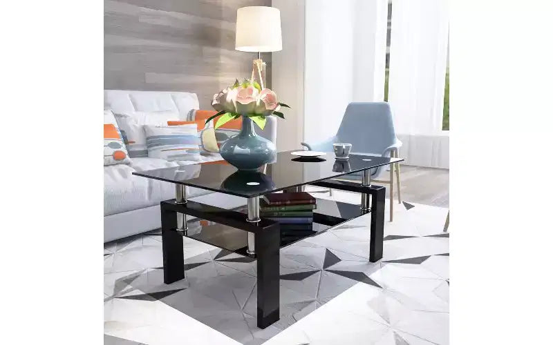 Table basse en verre double épaisseur avec structure en fer forgé