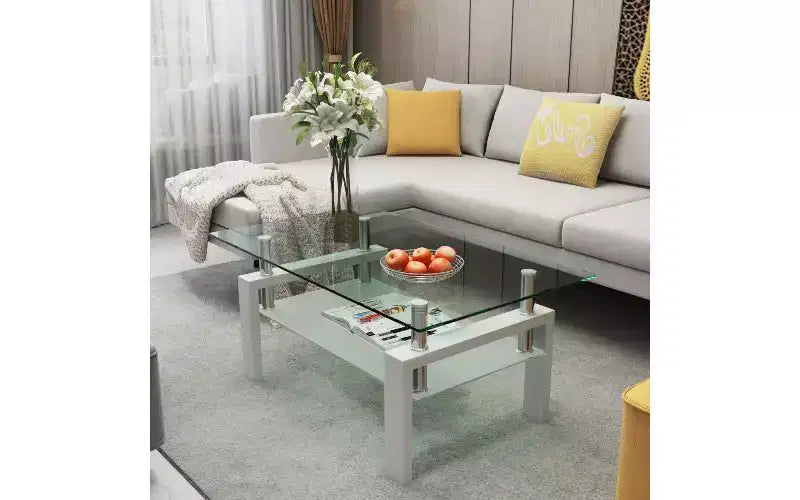 Table basse en verre double épaisseur avec structure en fer forgé