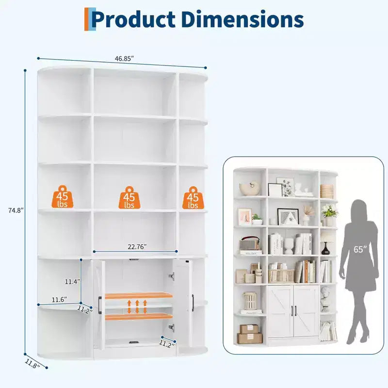Bibliothèque à six niveaux avec portes, rangement spacieux, comprenant des compartiments ouverts et fermés.