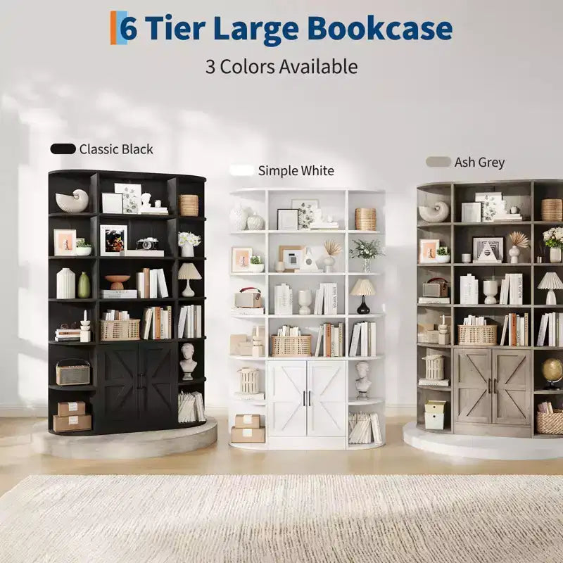 Bibliothèque à six niveaux avec portes, rangement spacieux, comprenant des compartiments ouverts et fermés.