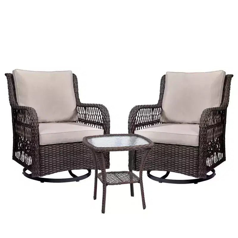 3-Piece Outdoor Wicker Patio Bistro Set with 360-Degree Swivel Rocking Chairs and Tempered Glass Side Table for Porch Garden