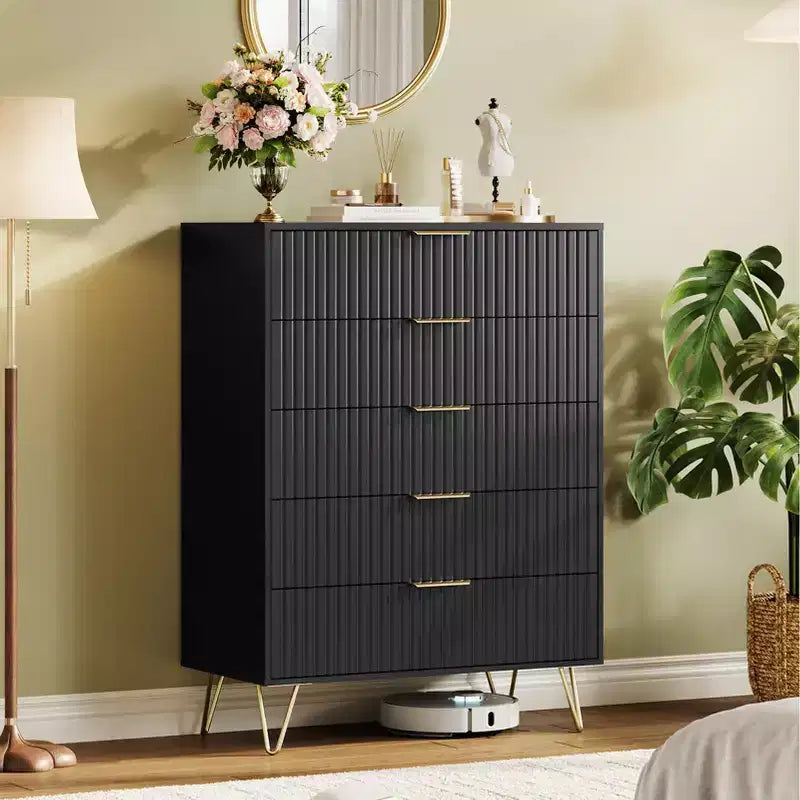 5 Drawer Dresser for Bedroom, 31.5W Wooden Chest of Drawers, Fluted Clothes Storage Organizer, Dresser Narrow Nightstand for Living Room