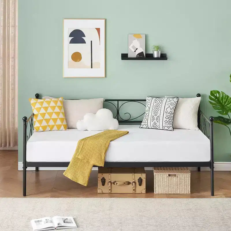 Black Twin Size Daybed Frame C Metal Daybed with Floral Headboard for Living Room/Guest Room (No Box Spring Needed)