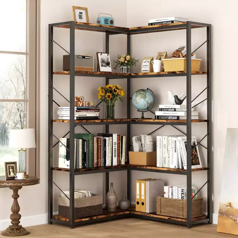 Celebalcony 5 Tier Corner Bookshelf,L Shaped Bookcase,Large Etagere Bookcase,Corner Shelf Display Storage Rack with Metal Frame for Living Room