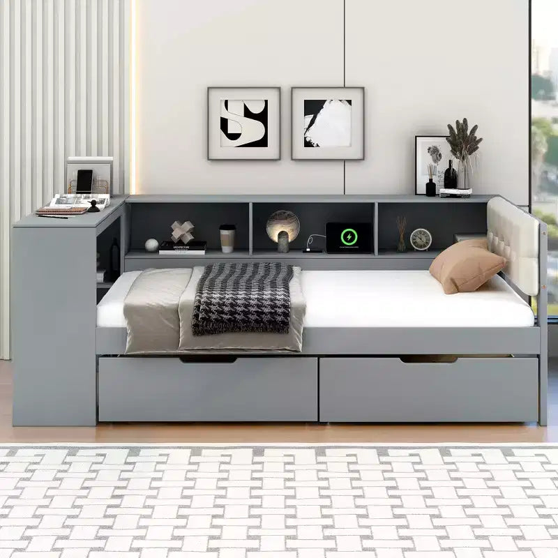 GDFStudio Scott Platform Bed with Storage Shelves, Drawers, Charging Station and Upholstered Headboard