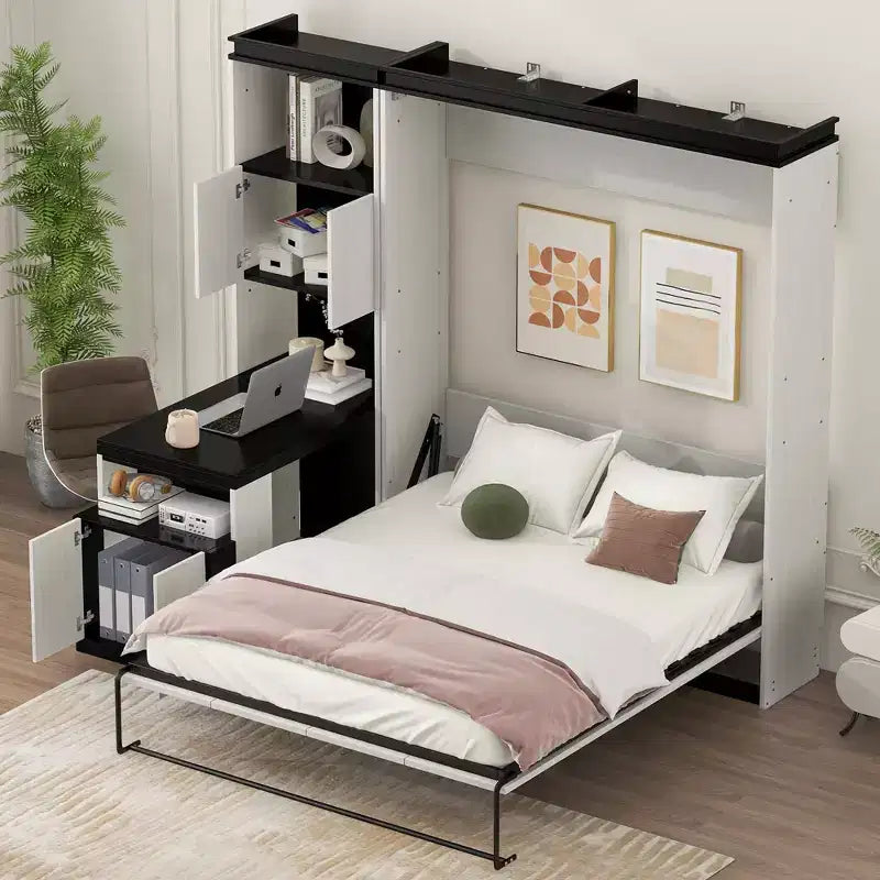 Clihome Full Size Murphy Bed with Desk and Storage Shelves and Cabinets