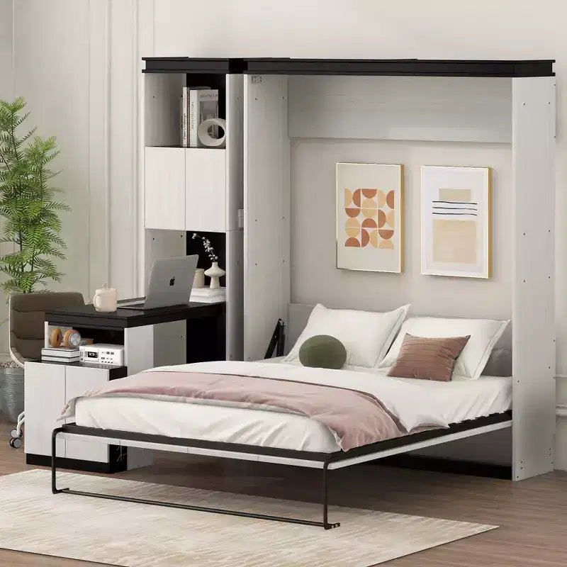 Lit escamotable grand format avec bureau, étagères et armoires.