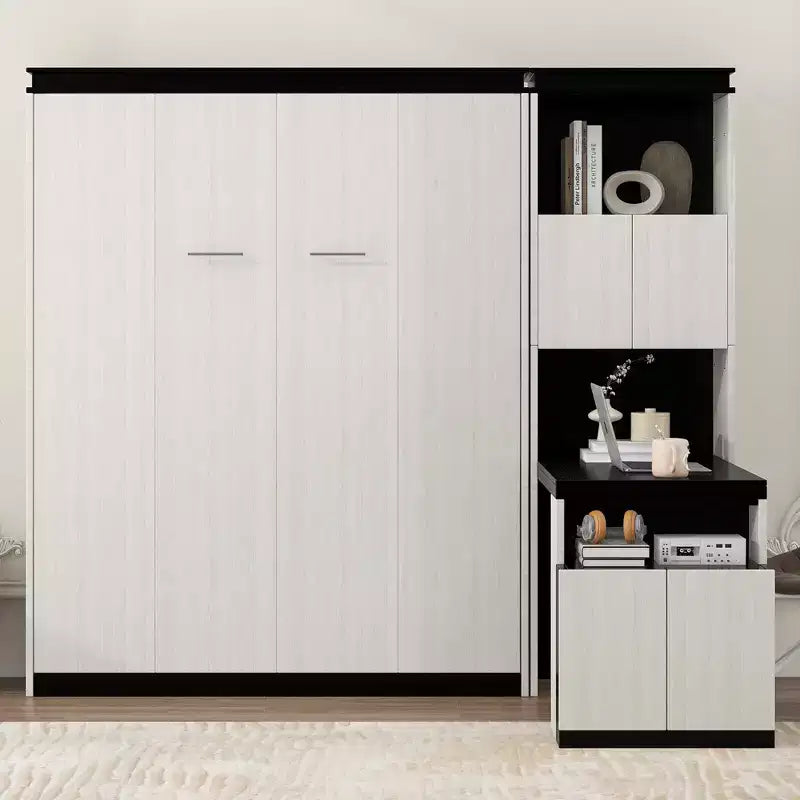 Lit escamotable grand format avec bureau, étagères et armoires.