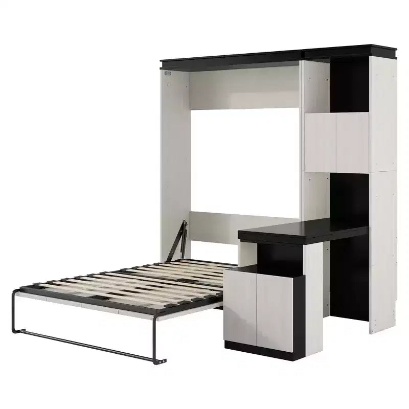 Lit escamotable grand format avec bureau, étagères et armoires.