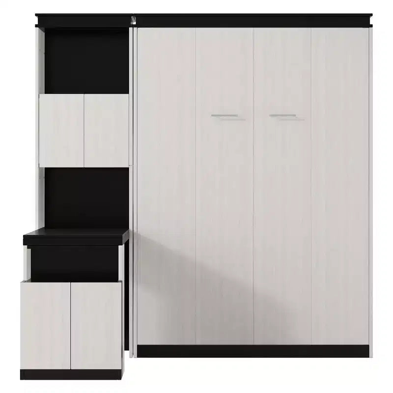 Lit escamotable grand format avec bureau, étagères et armoires.