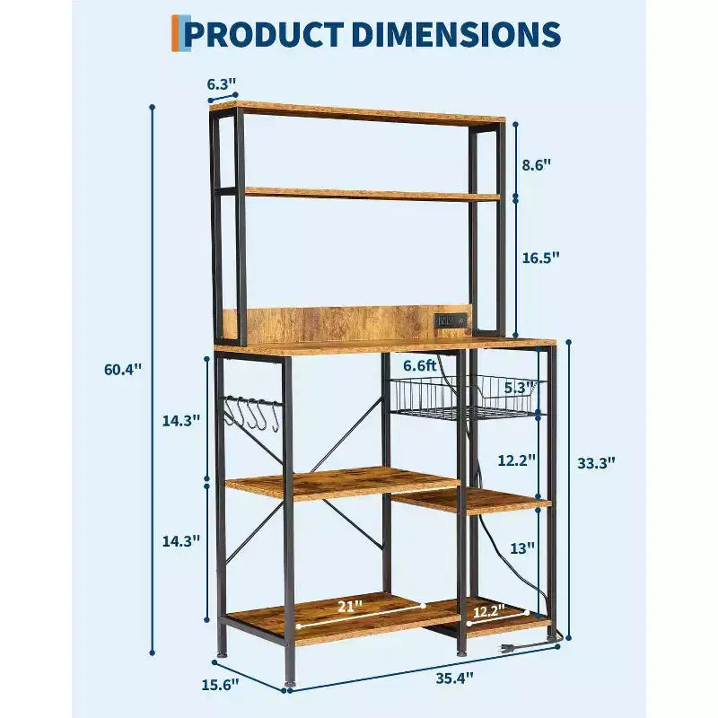 Étagère de Boulanger de Cuisine avec Prise de Courant, Support Micro-ondes à 4 Niveaux et Table de Bar à Café