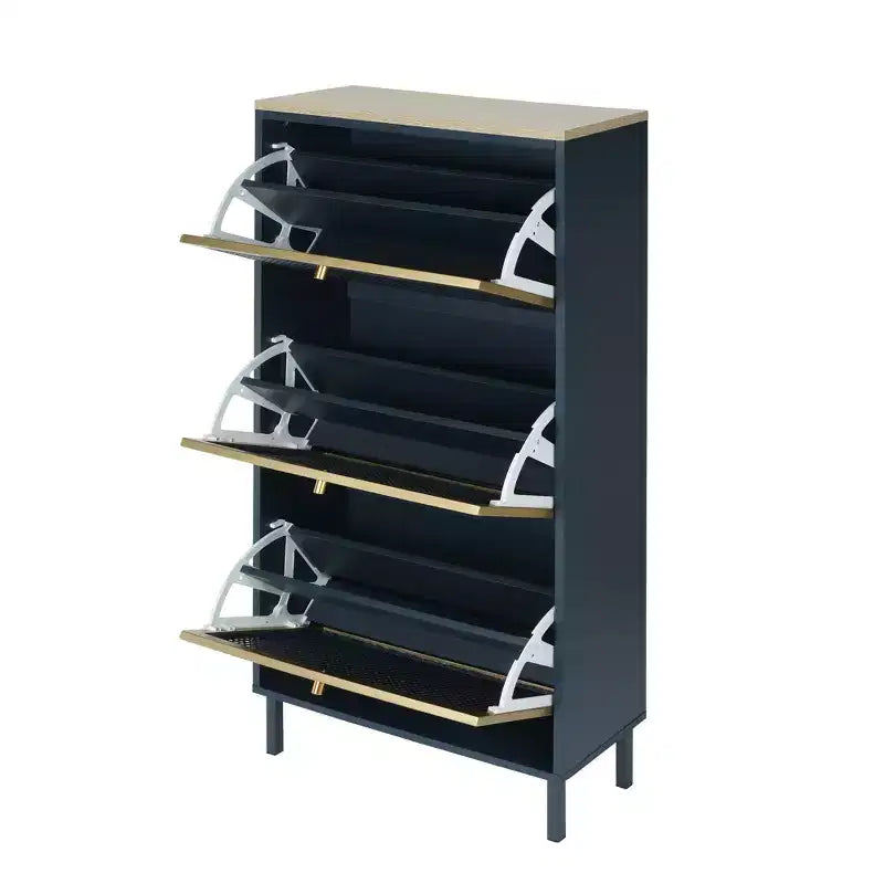 Meuble à chaussures moderne en bois avec 3 portes basculantes en métal alvéolé