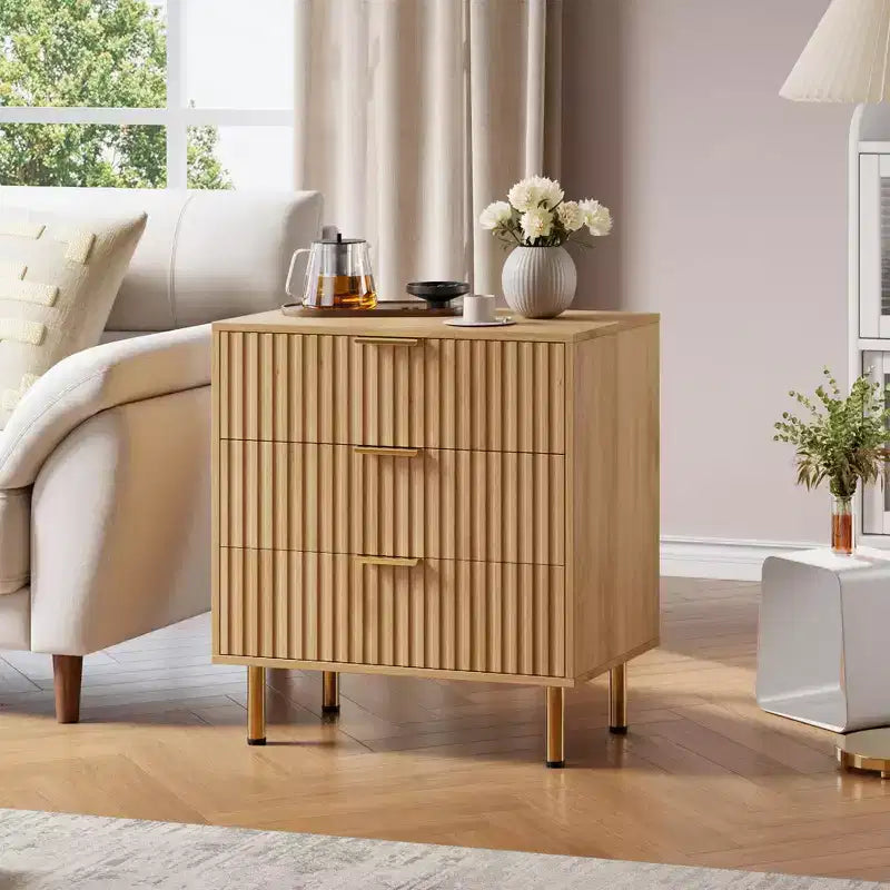 COZONY Natural 3 Drawer Dresser, Fluted Modern Nightstand with Deep Drawers & Wide Top