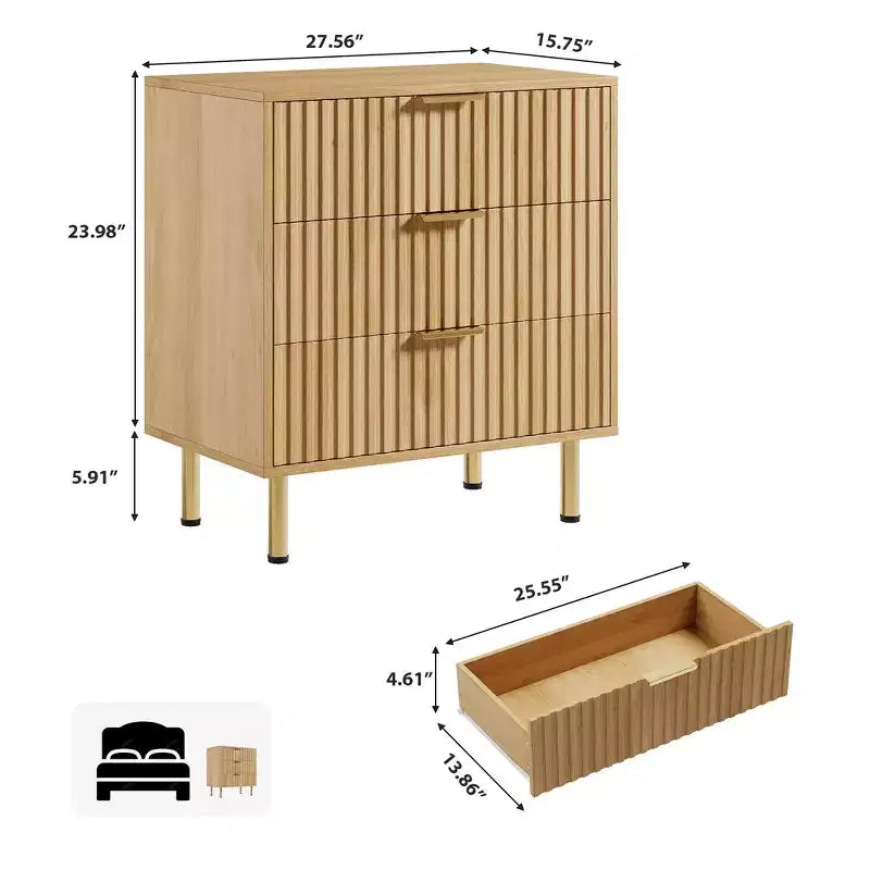 Coiffeuse naturelle à trois tiroirs, table de chevet moderne encastrée