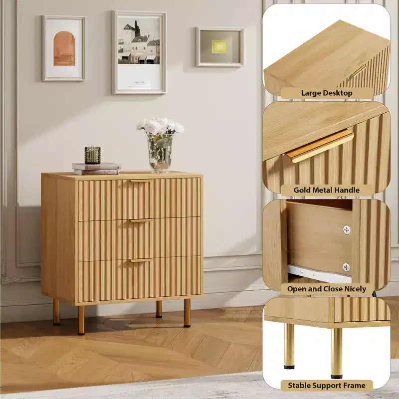 Coiffeuse naturelle à trois tiroirs, table de chevet moderne encastrée