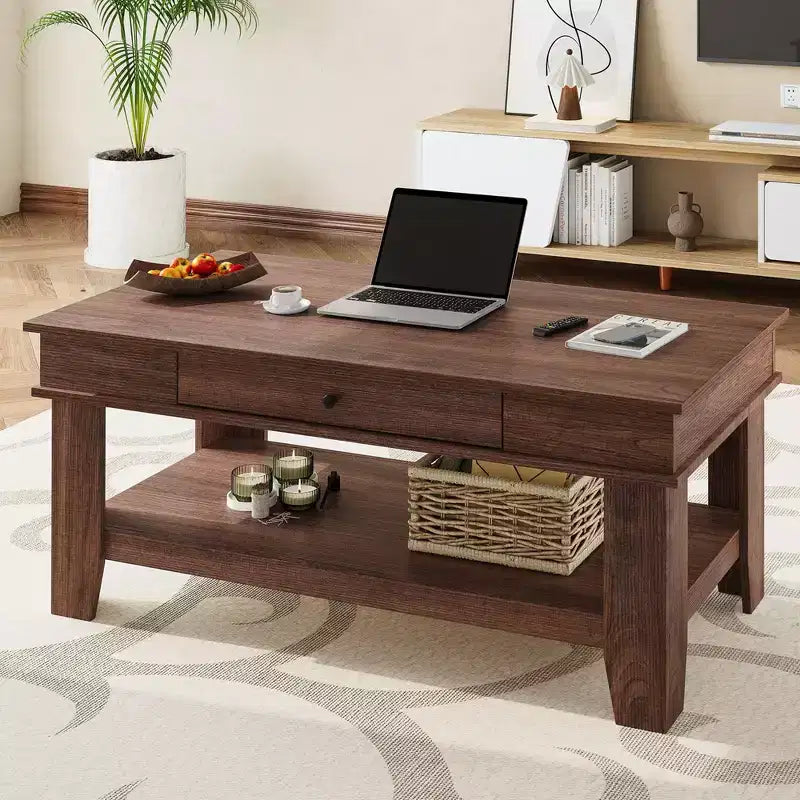 Table basse rectangulaire avec tiroirs et étagères ouvertes