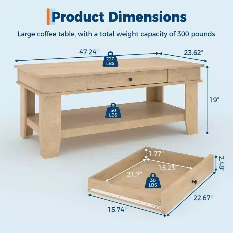 Table basse rectangulaire avec tiroirs et étagères ouvertes
