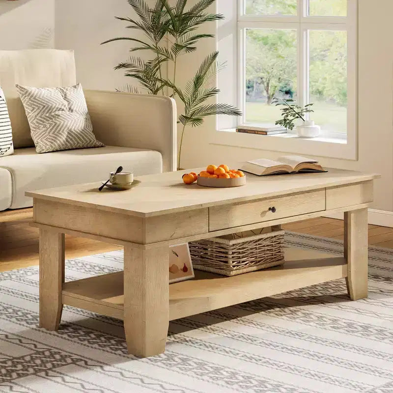 Table basse rectangulaire avec tiroirs et étagères ouvertes