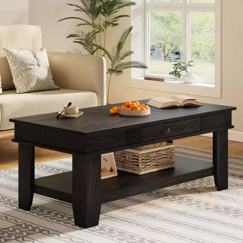 Table basse rectangulaire avec tiroirs et étagères ouvertes