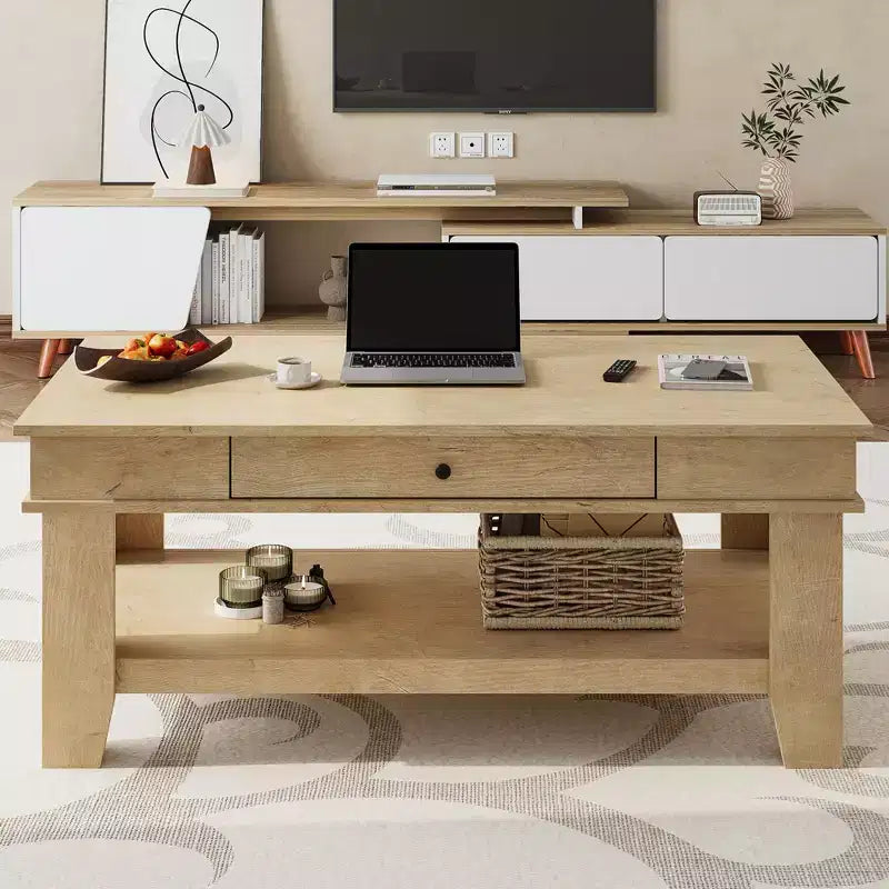 Table basse rectangulaire avec tiroirs et étagères ouvertes