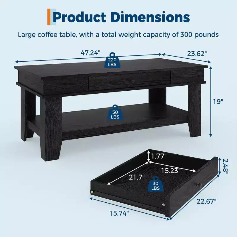 Table basse rectangulaire avec tiroirs et étagères ouvertes
