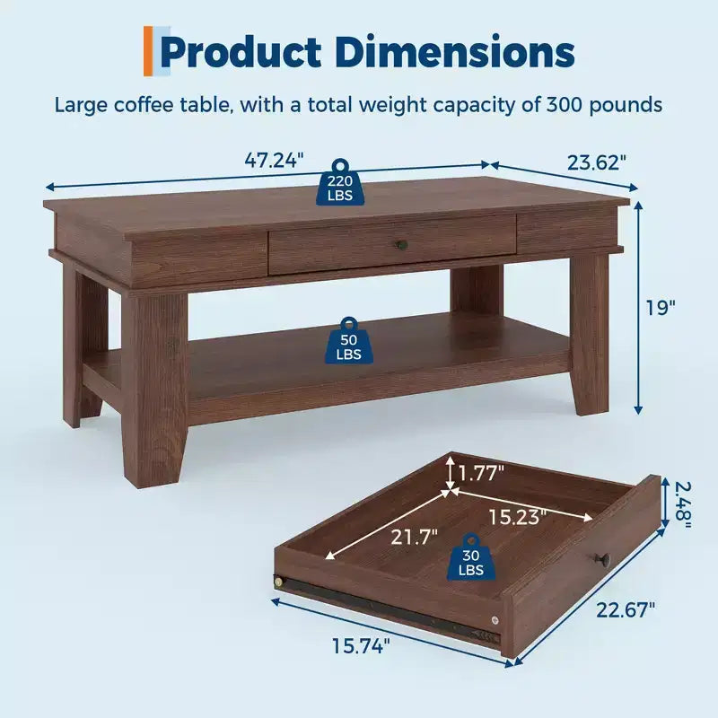 Table basse rectangulaire avec tiroirs et étagères ouvertes