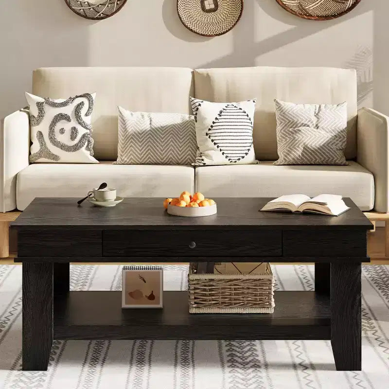 Rectangular Coffee Table with Drawer and Open Shelf, Rustic Center Table for Living Room, Stable Four-Leg Structure, Easy to Clean Surface