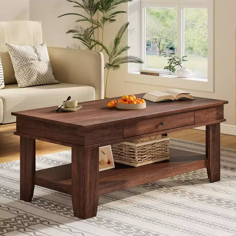 Table basse rectangulaire avec tiroirs et étagères ouvertes