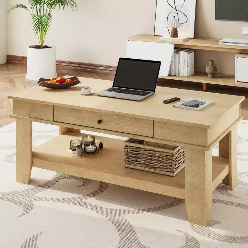 Table basse rectangulaire avec tiroirs et étagères ouvertes